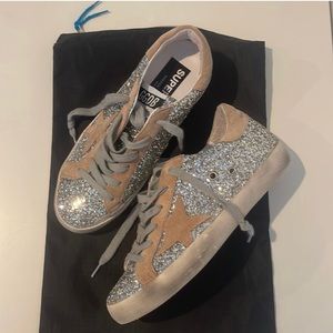 Golden Goose Superstar Sneakers Authentic Tan Silver Glitter 37 7